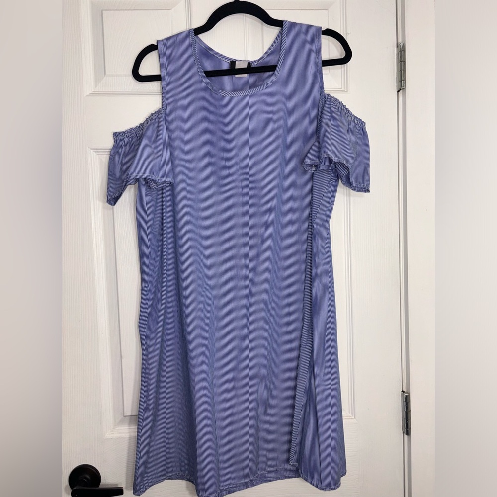 Espresso Blue and White Striped Cold Shoulder Shift Dress